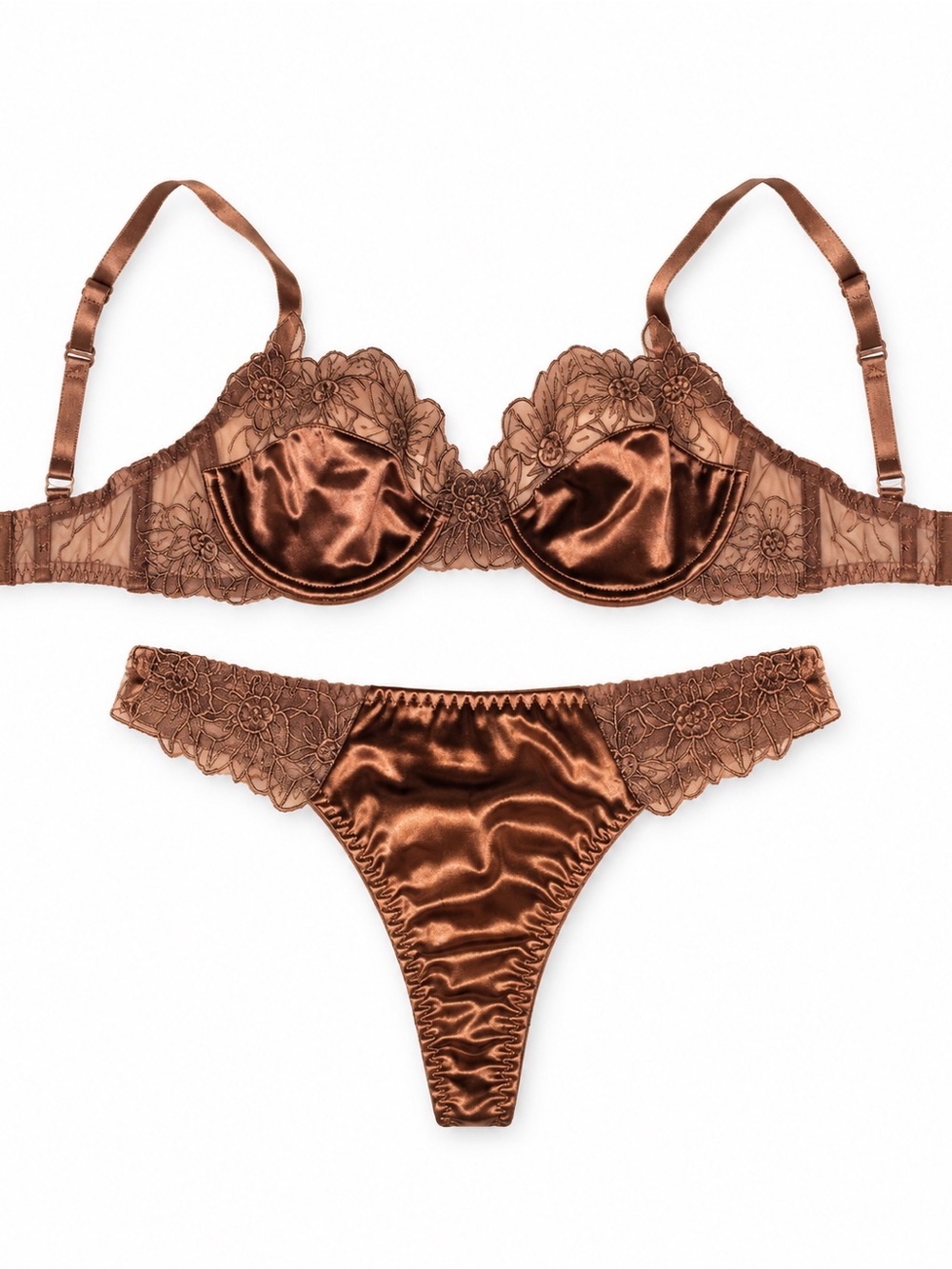 SHEIN Satin & Floral Lace Underwire Bra and Thong Set in Copper